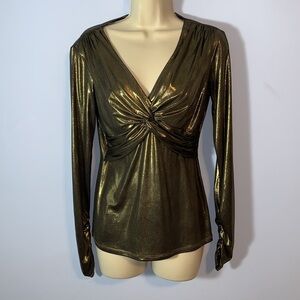 Cache liquid gold bronze twist knot front long sleeve metallic vneck blouse SML